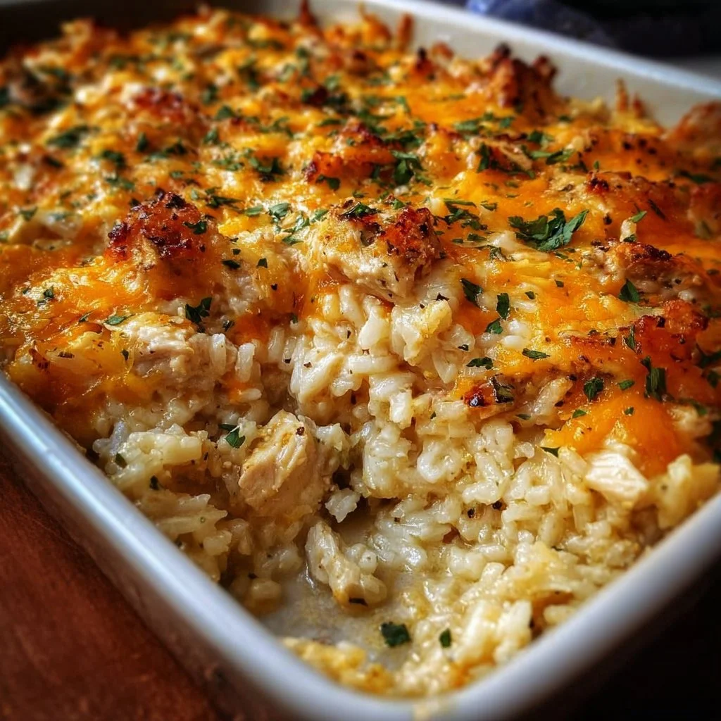Pioneer Woman chicken rice casserole dish with steaming rice and chicken.