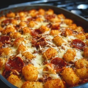 Delicious Pizza Tot Casserole topped with cheese and pepperoni