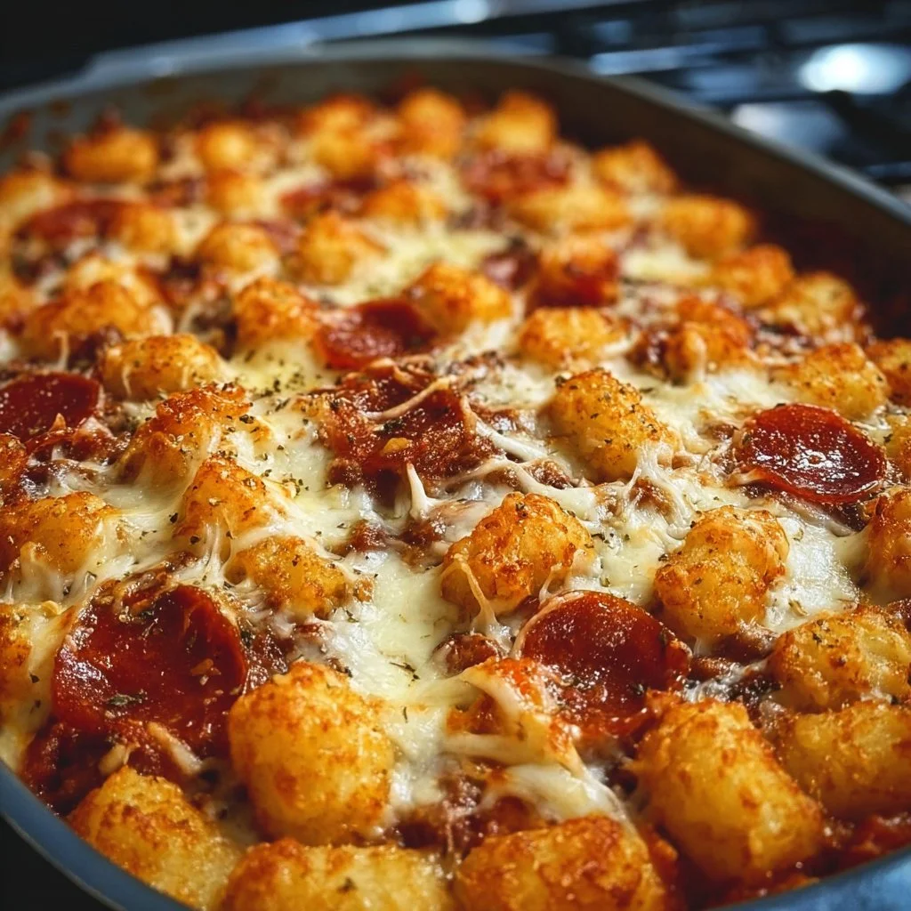 Delicious Pizza Tot Casserole topped with cheese and pepperoni