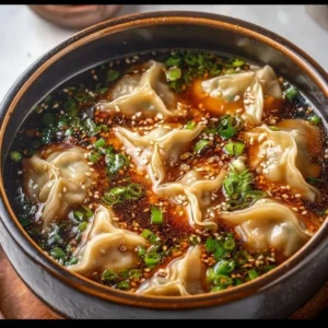 Bowl of homemade potsticker soup with dumplings and fresh vegetables