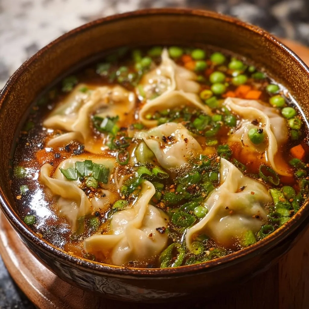 Bowl of delicious Potsticker Soup topped with herbs and fresh ingredients