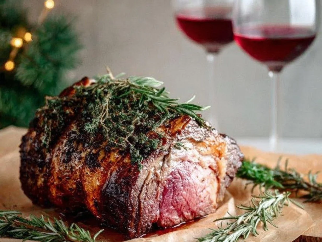 Deliciously cooked prime rib roast with herbs and spices.