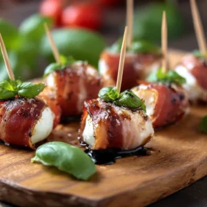 Delicious prosciutto wrapped mozzarella bites ready to serve as an appetizer.