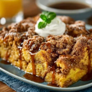 Delicious Pumpkin French Toast Casserole topped with maple syrup and spices
