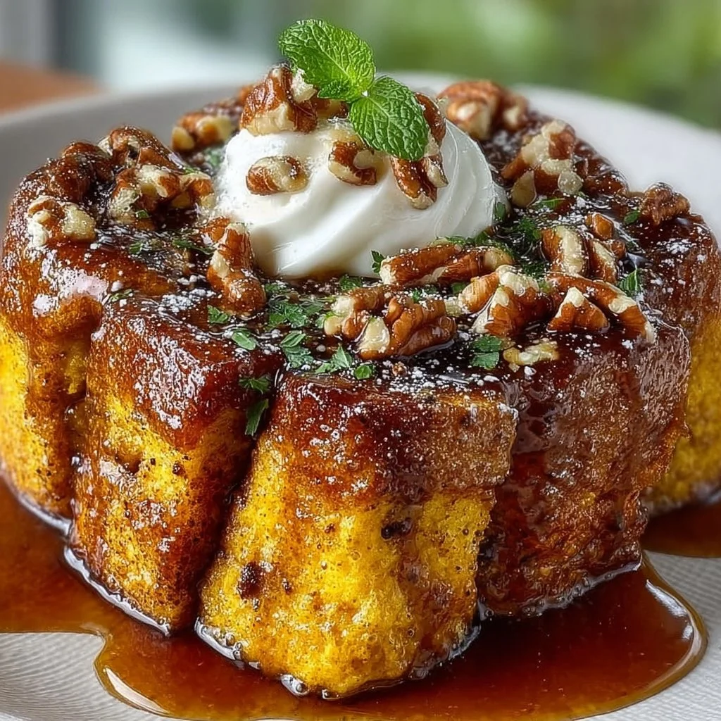 Delicious Pumpkin French Toast Casserole topped with syrup and whipped cream