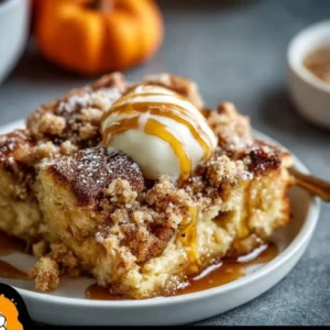 Delicious Pumpkin French Toast Casserole baked with spices and topped with syrup