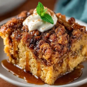 Delicious Pumpkin French Toast Casserole served with syrup and whipped cream.