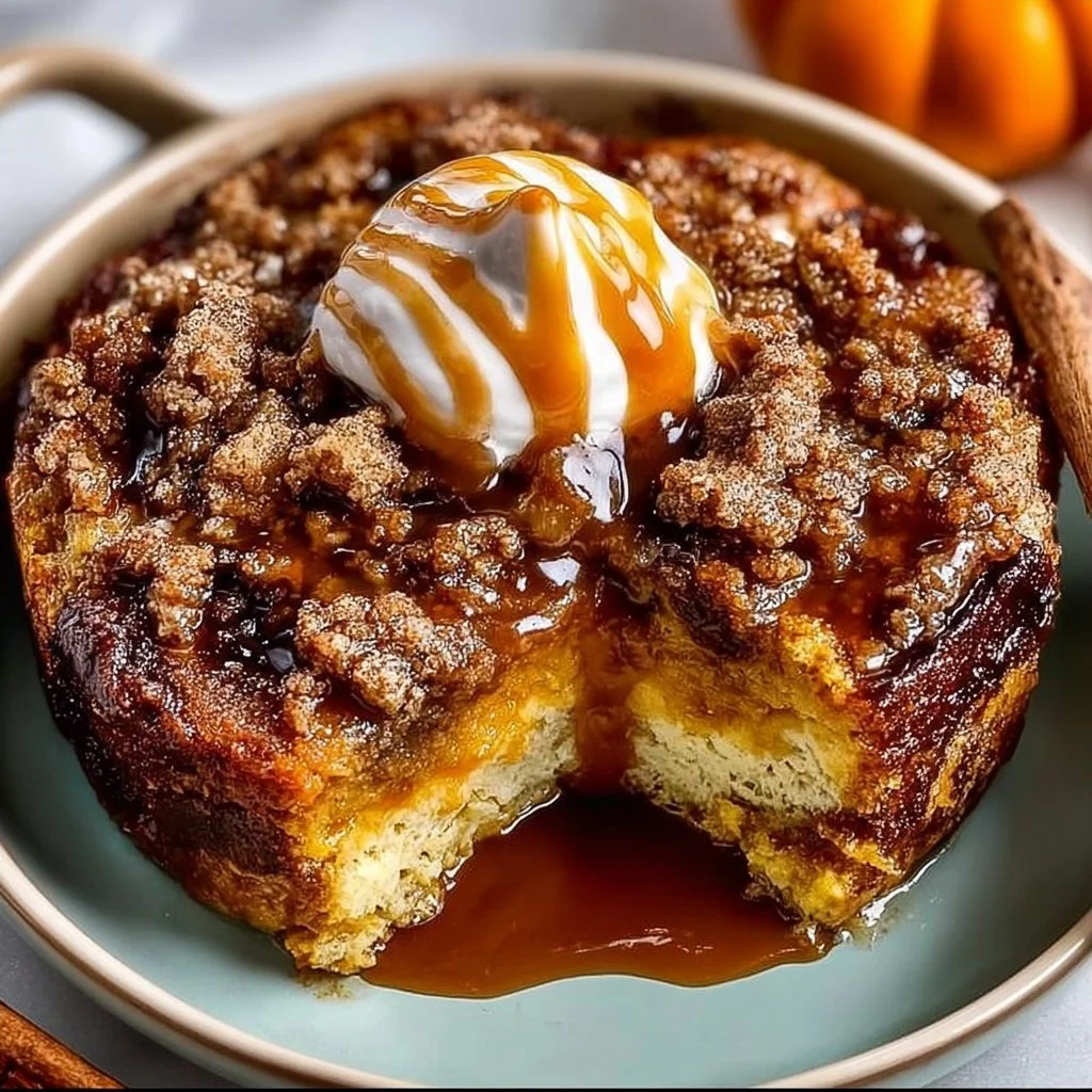 Delicious Pumpkin French Toast Casserole topped with maple syrup and pumpkin spice