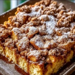 Delicious Pumpkin Spice French Toast Casserole topped with syrup and powdered sugar
