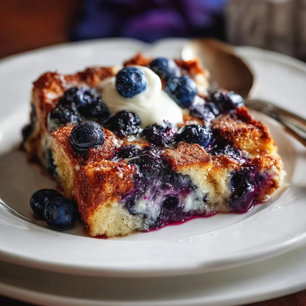 Quick Blueberry French Toast Casserole fresh out of the oven
