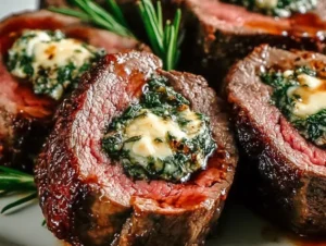 Quick Christmas Stuffed Beef Tenderloin ready for the holiday table