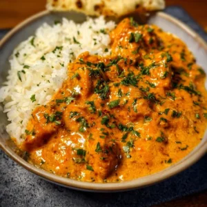 Homemade butter chicken served with rice and naan bread