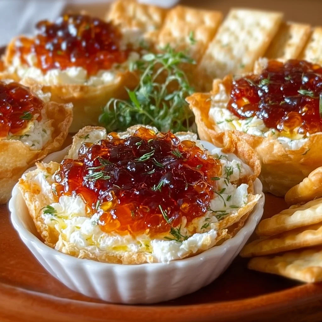 Cream cheese dip topped with pepper jelly served with crackers for appetizer.