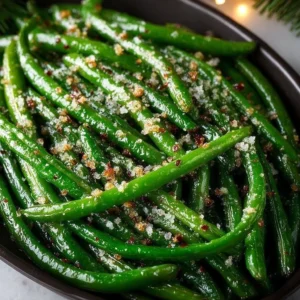 Roasted Parmesan Green Beans in a serving bowl, garnished for a healthy dish