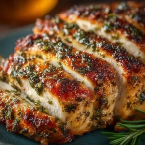 Perfectly roasted turkey breast with herbs and spices on a serving platter