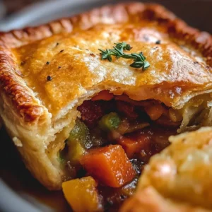 Delicious roasted vegetable pot pie with golden crust and colorful vegetables