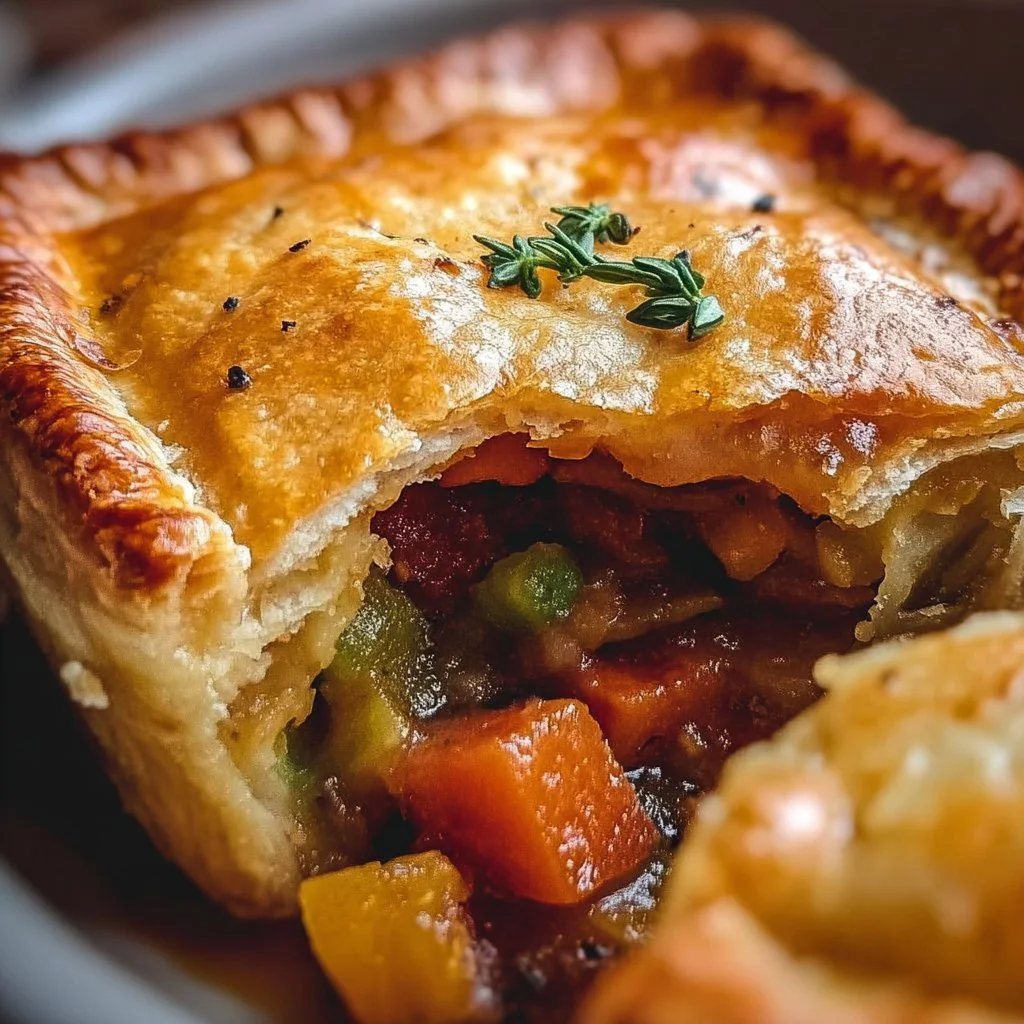 Delicious roasted vegetable pot pie with golden crust and colorful vegetables