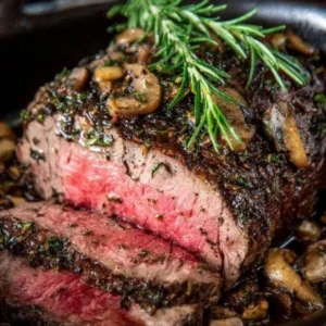Delicious Rosemary and Garlic Roast Beef served on a cutting board