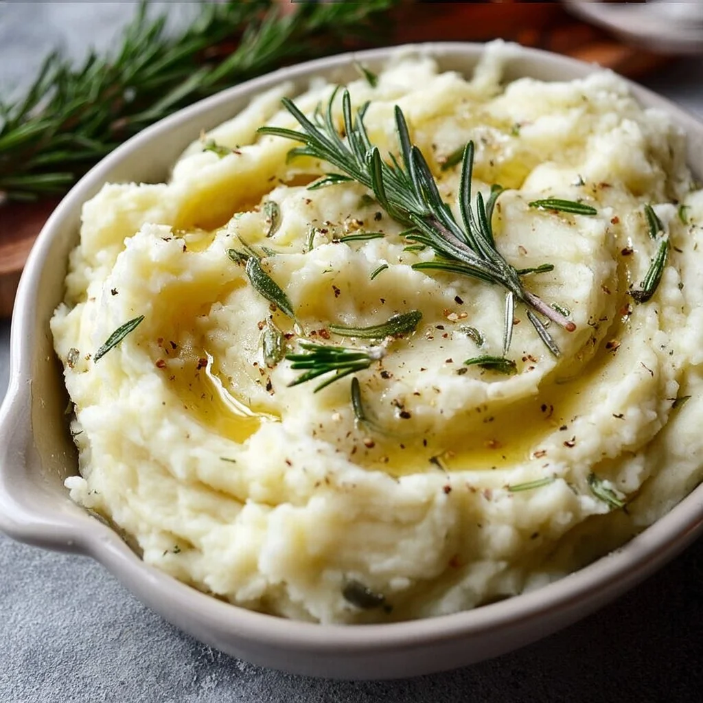 Delicious rosemary garlic mashed potatoes topped with fresh herbs.