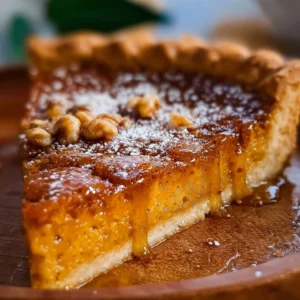 A slice of salted honey pie drizzled with honey and sprinkled with sea salt.