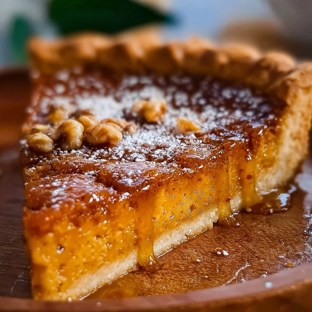 A slice of salted honey pie drizzled with honey and sprinkled with sea salt.