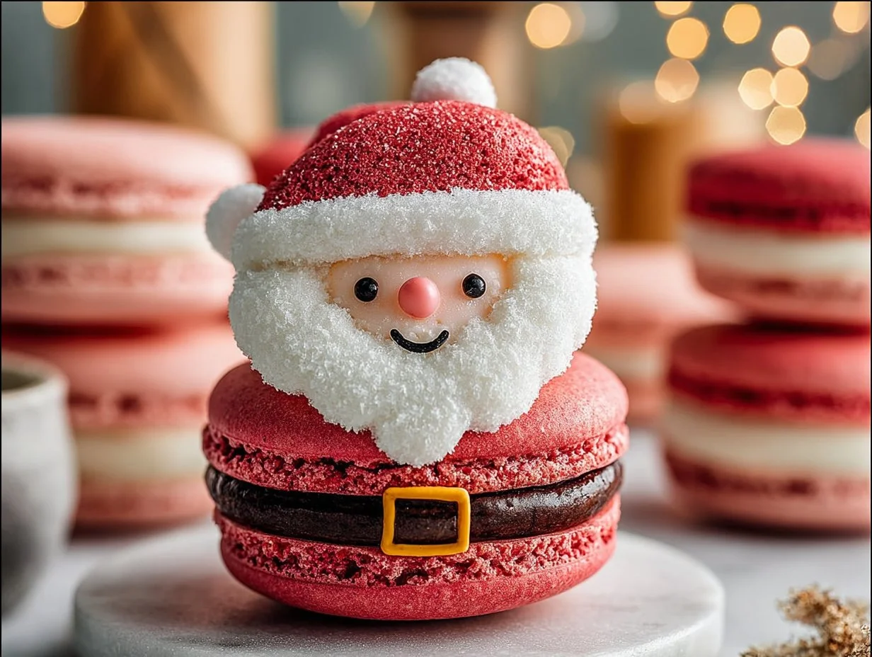 Festive Santa Claus Macarons decorated for the holiday season