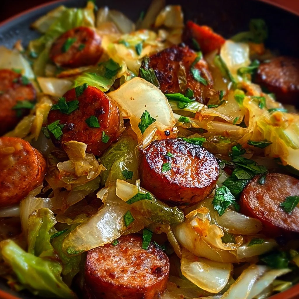 Serving of sausage and cabbage stir fry in a white bowl
