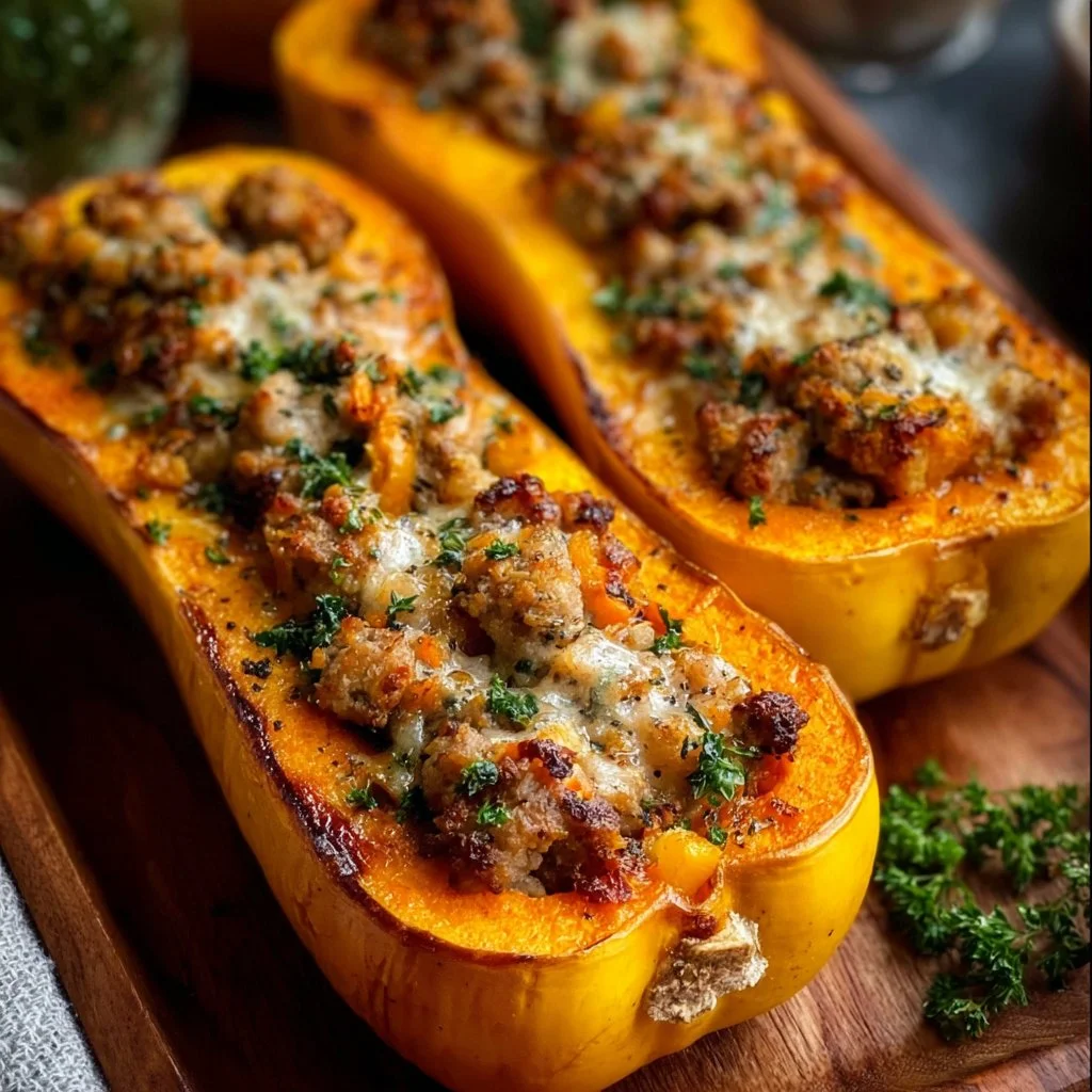 Delicious sausage stuffed butternut squash freshly prepared on a plate