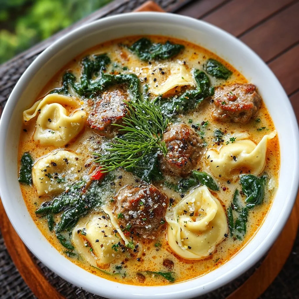 Bowl of Sausage Tortellini Soup with Spinach, garnished with herbs and cheese.