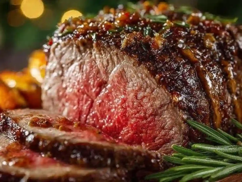 Slices of perfectly cooked medium-rare roast beef with herb crust and sea salt