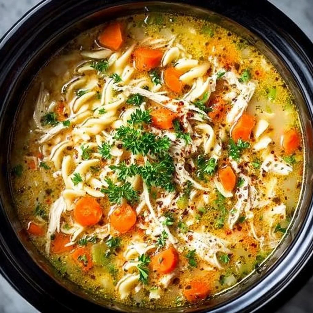 Bowl of slow cooker chicken noodle soup with fresh herbs and vegetables