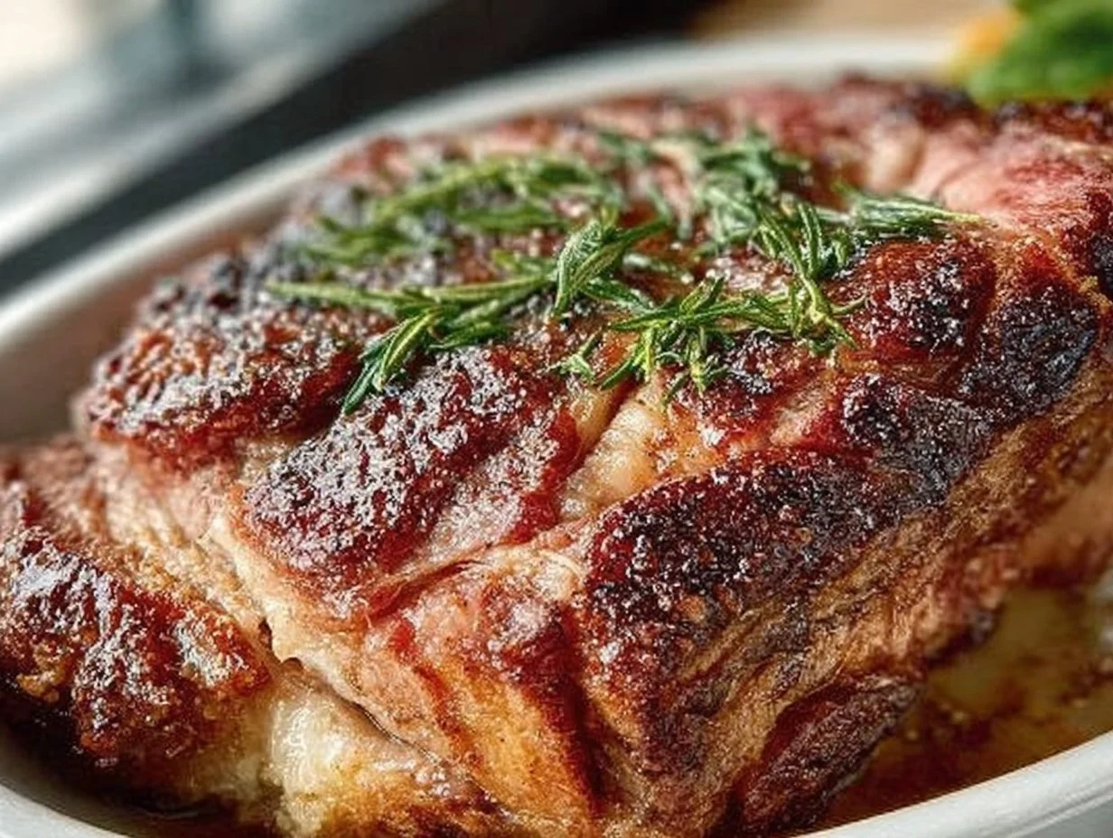 Delicious slow cooker prime rib served with sides and garnishes.