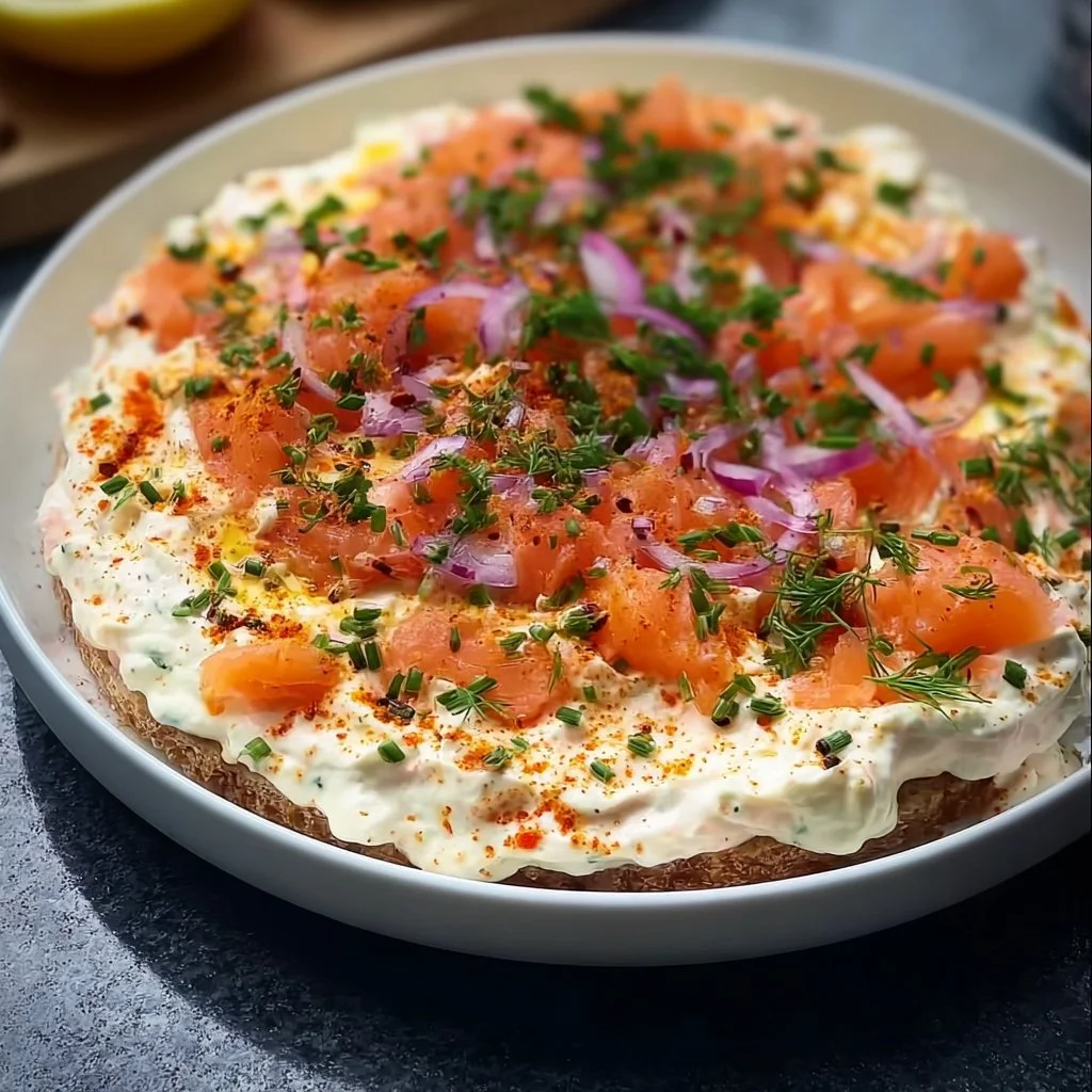 Creamy smoked salmon bagel dip served with fresh bagels and garnished.