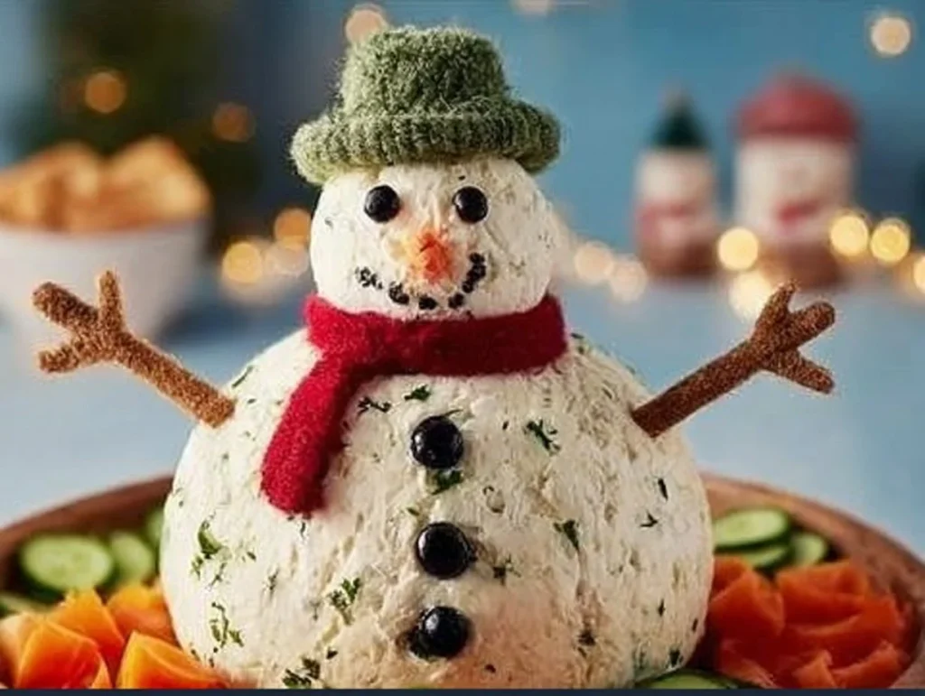 Snowman cheese ball decorated for festive holiday gatherings