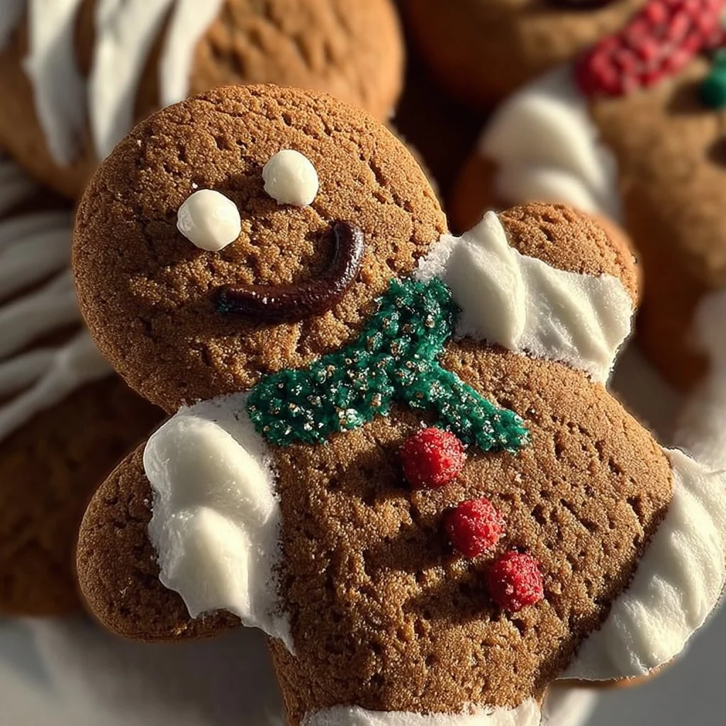Soft gingerbread cookies with festive decorations on a wooden surface.