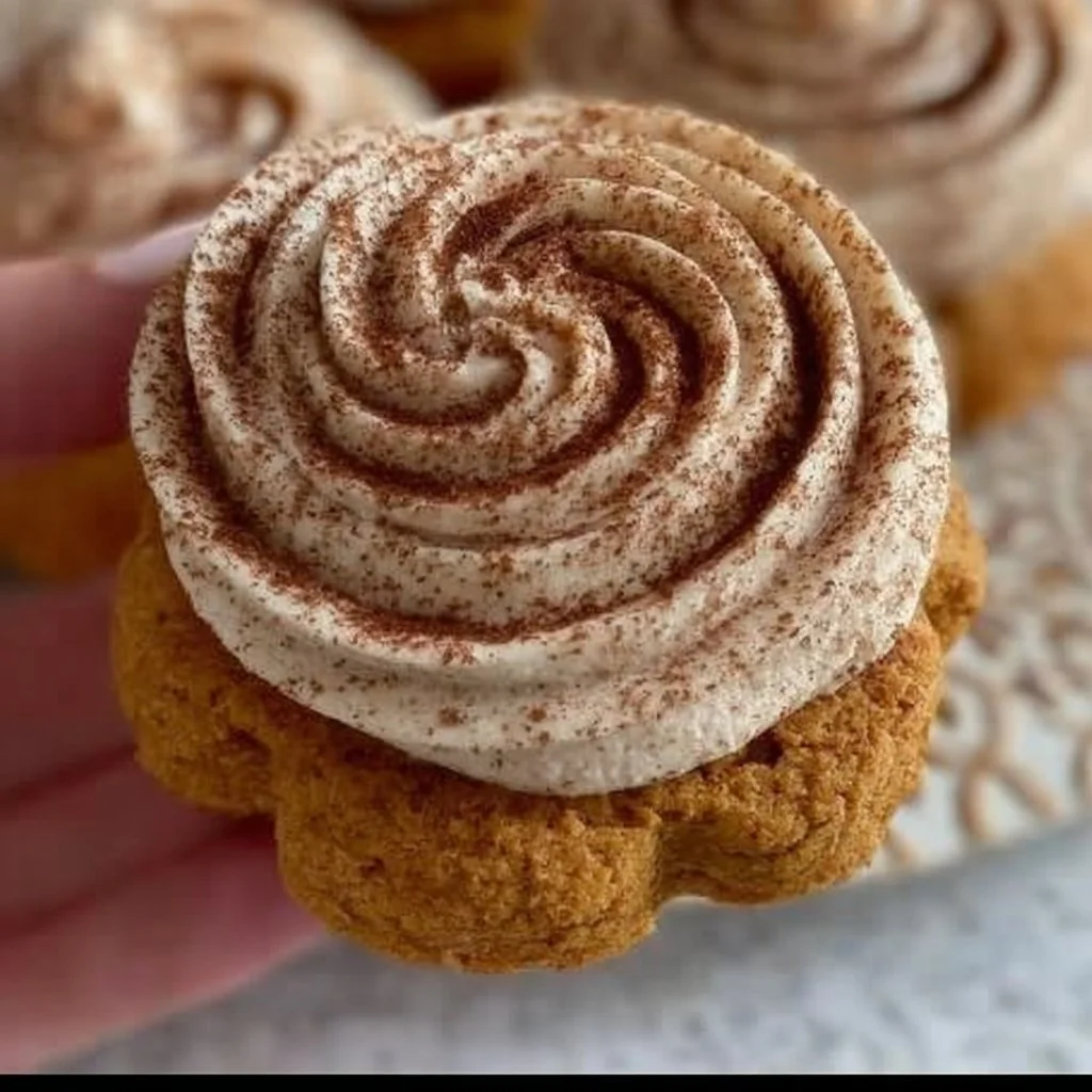 Soft pumpkin cookies with cinnamon frosting on a plate