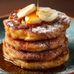 Delicious churro pancakes topped with chocolate sauce and whipped cream.