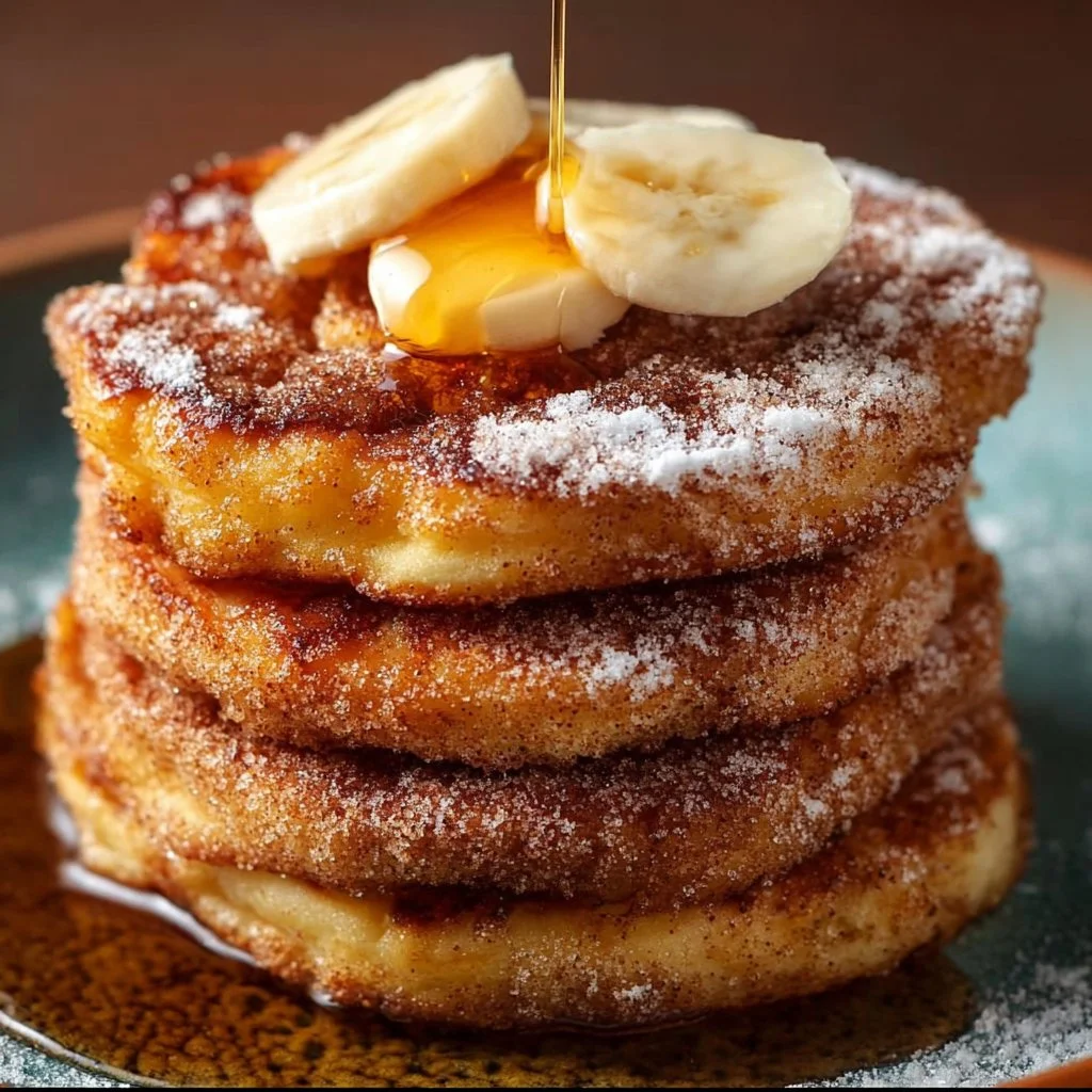 Delicious churro pancakes topped with chocolate sauce and whipped cream.