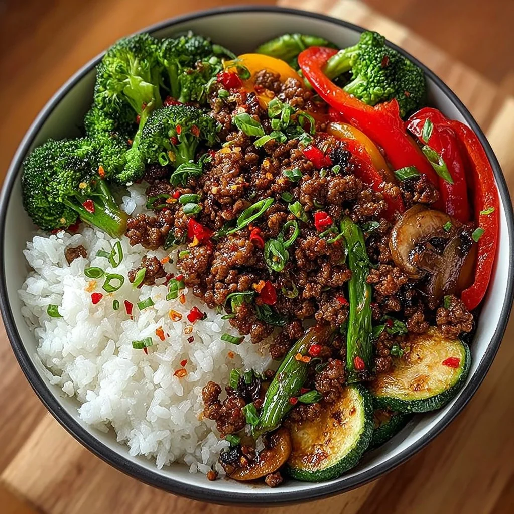 Spicy ground beef stir-fry bowl with garlic veggies and rice