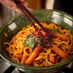 Delicious plate of spicy potato noodles garnished with fresh herbs