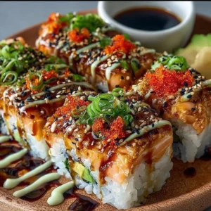 Spicy salmon sushi bake served on a plate, garnished with green onions.
