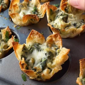 Crispy spinach and artichoke wonton cups served on a platter
