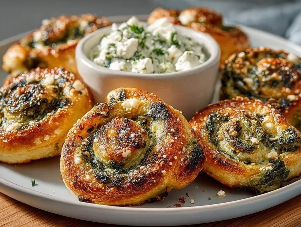 Delicious Spinach Feta Pinwheels served on a plate