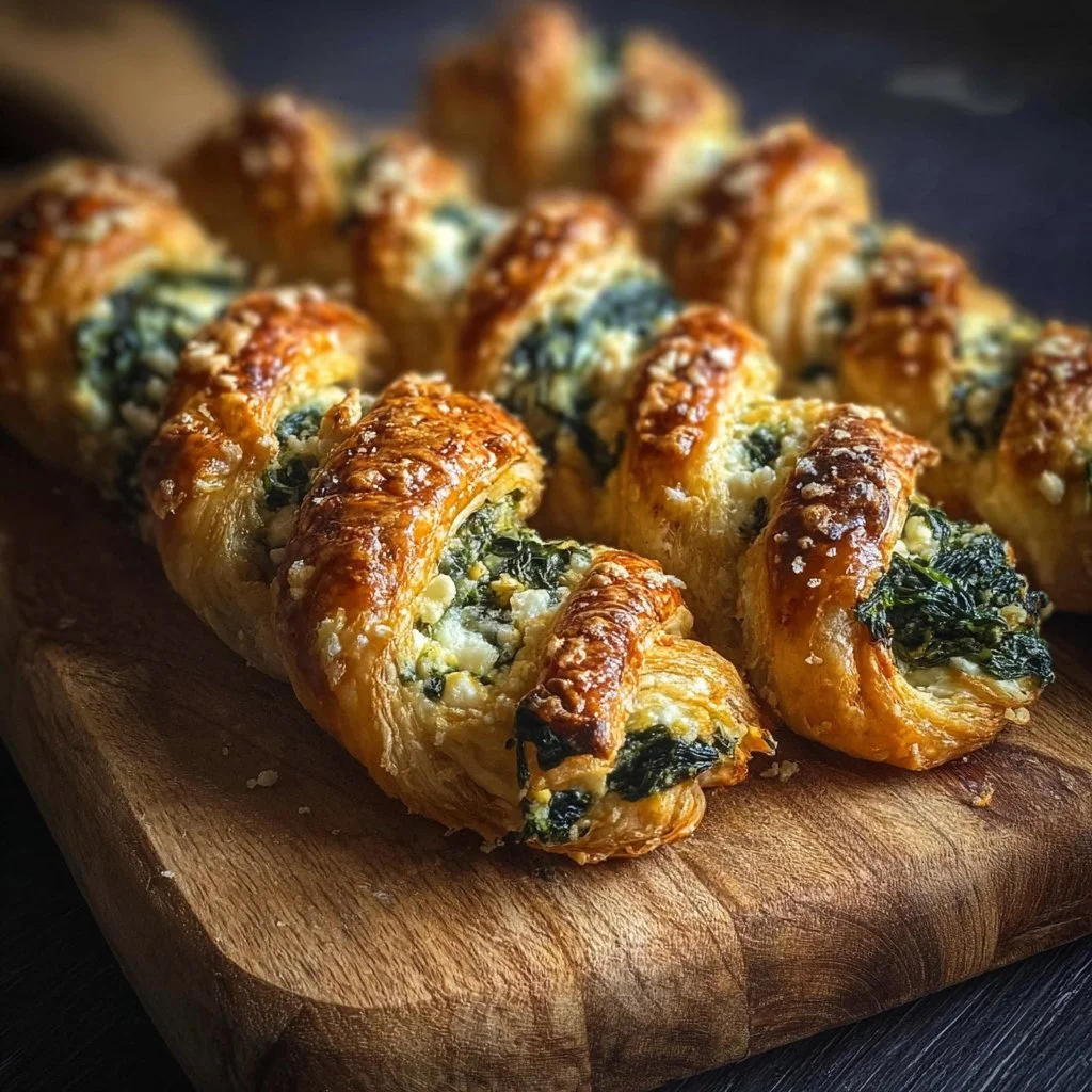Spinach and Feta Puff Pastry Twists on a plate garnished with herbs