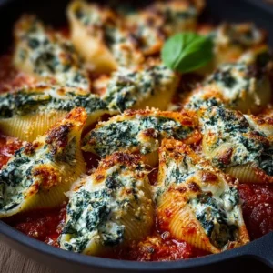 Delicious spinach and ricotta stuffed shells served in a rich tomato sauce