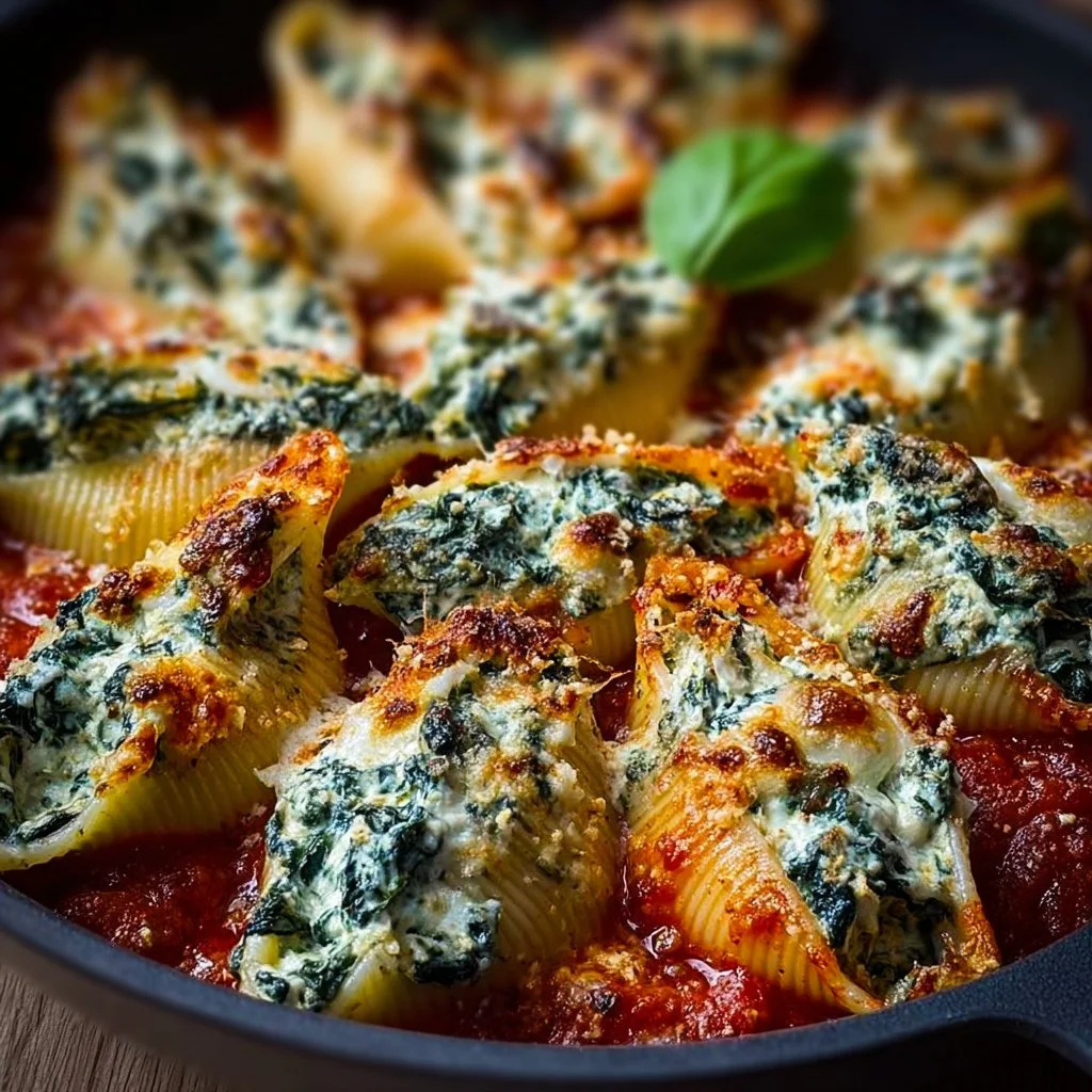 Delicious spinach and ricotta stuffed shells served in a rich tomato sauce