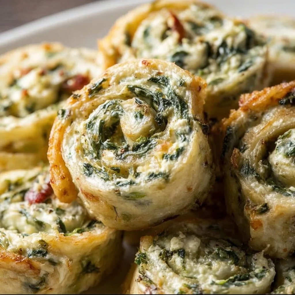 Spinach dip pinwheels served on a platter, ideal for appetizers.
