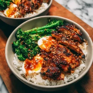 Delicious sticky chicken rice bowls served with fresh vegetables