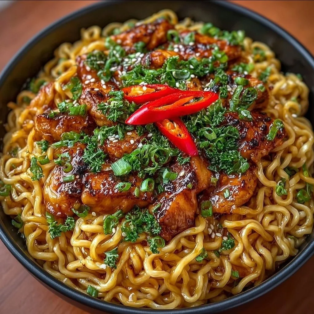 Bowl of sticky garlic chicken noodles topped with green onions and sesame seeds