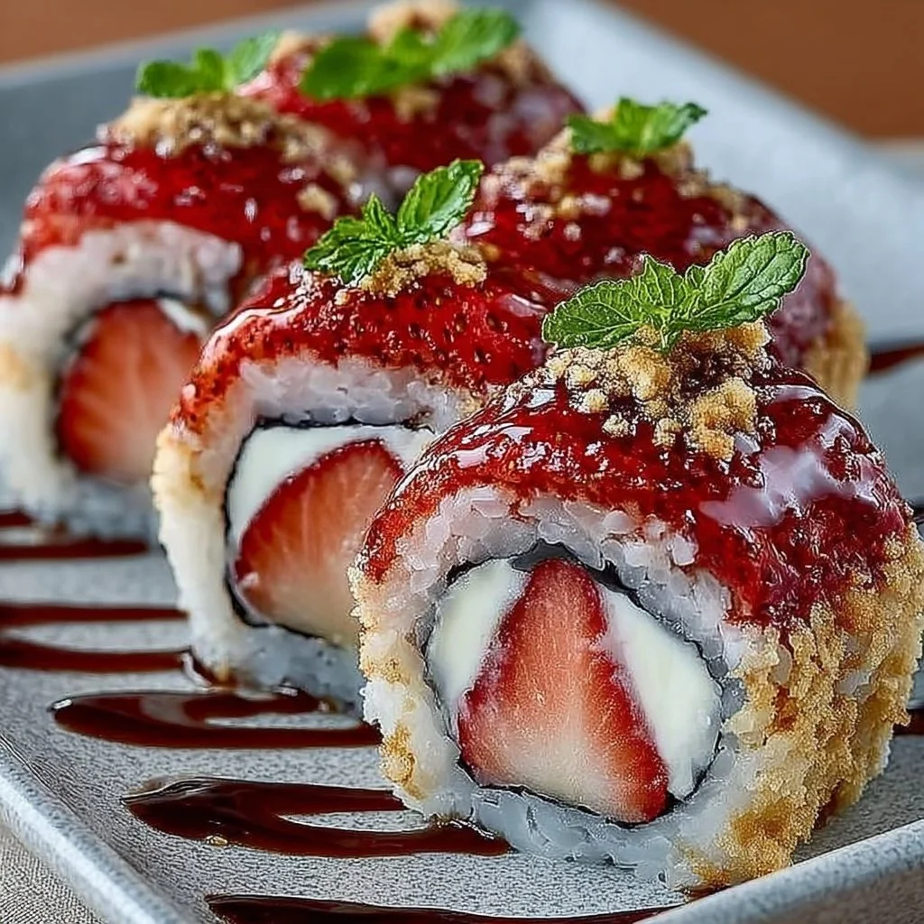 Strawberry shortcake sushi roll dessert with fresh strawberries and cream.
